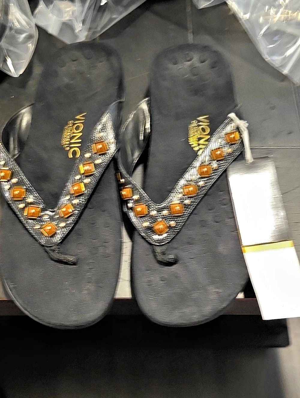 Vionic Embellished Orthoheel Flip Flop Sandals in Black & Brown NWT